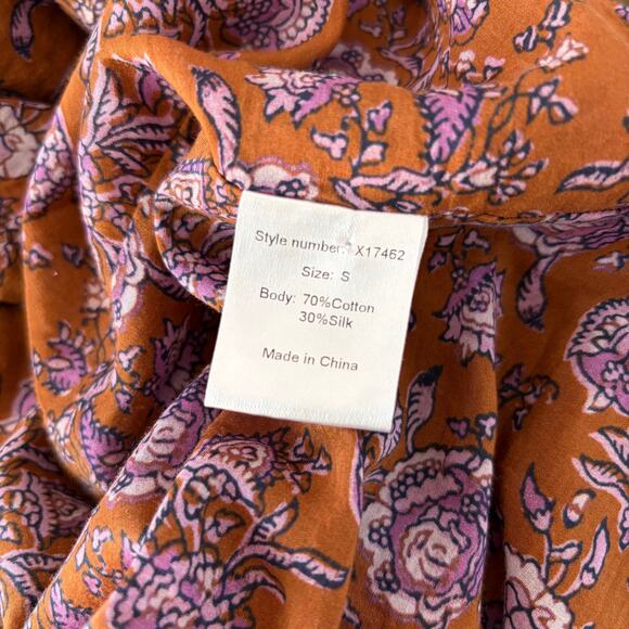 Xirena Lea Cottage Boho Brown Floral Dress Small Oversized Golden Silk Cotton - Picture 9 of 10